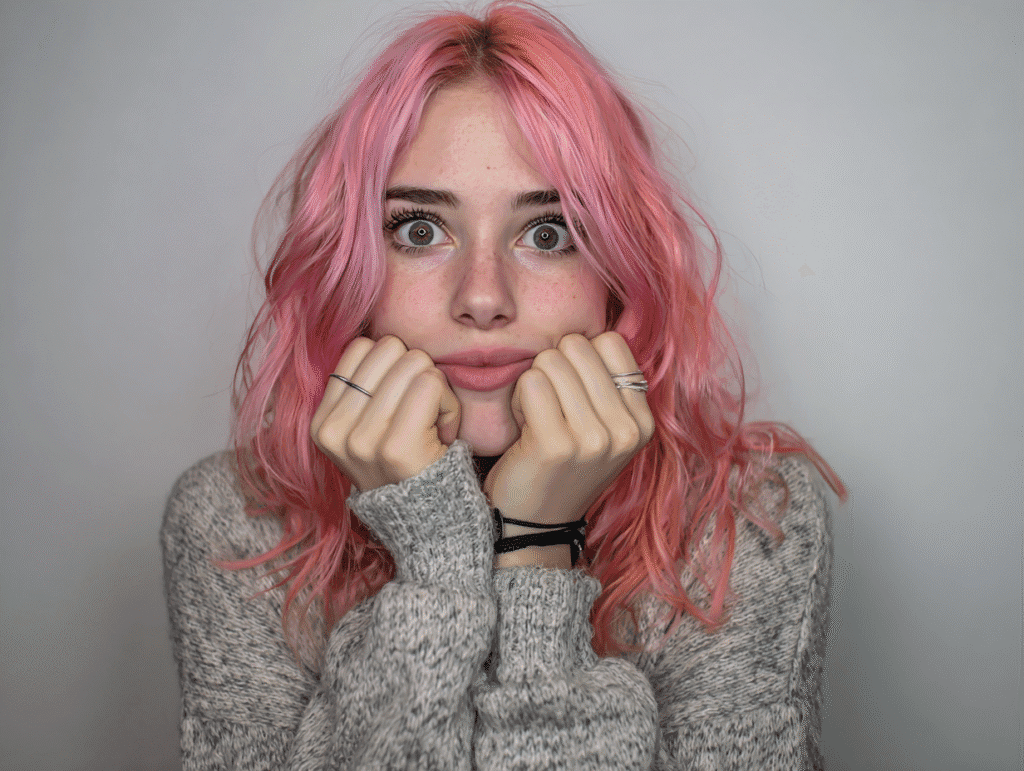 Pink-haired woman with anxious expression symbolizing internal tension and restrained emotion