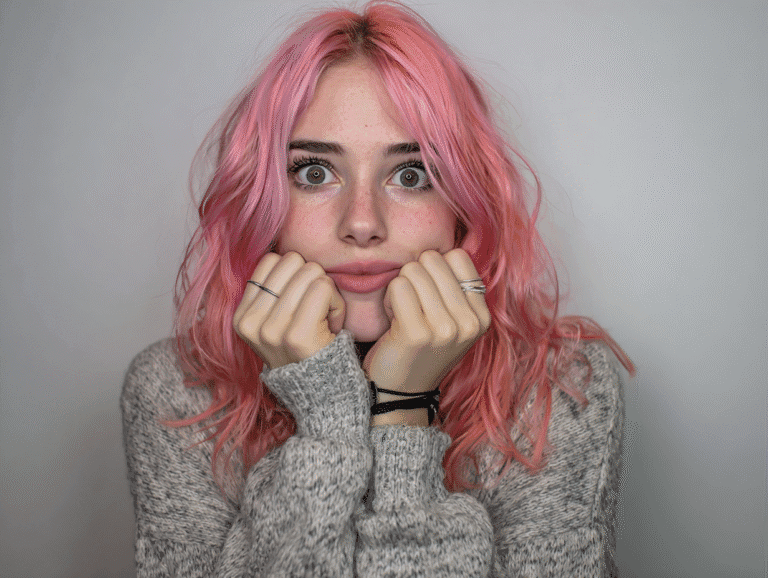 Pink-haired woman with anxious expression symbolizing internal tension and restrained emotion