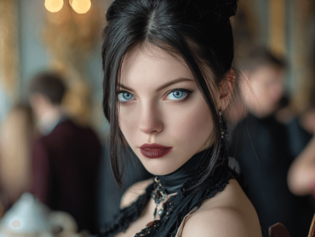 A striking woman with piercing blue eyes and confident posture, standing still among a blurred crowd — embodying physical presence and silent dominance