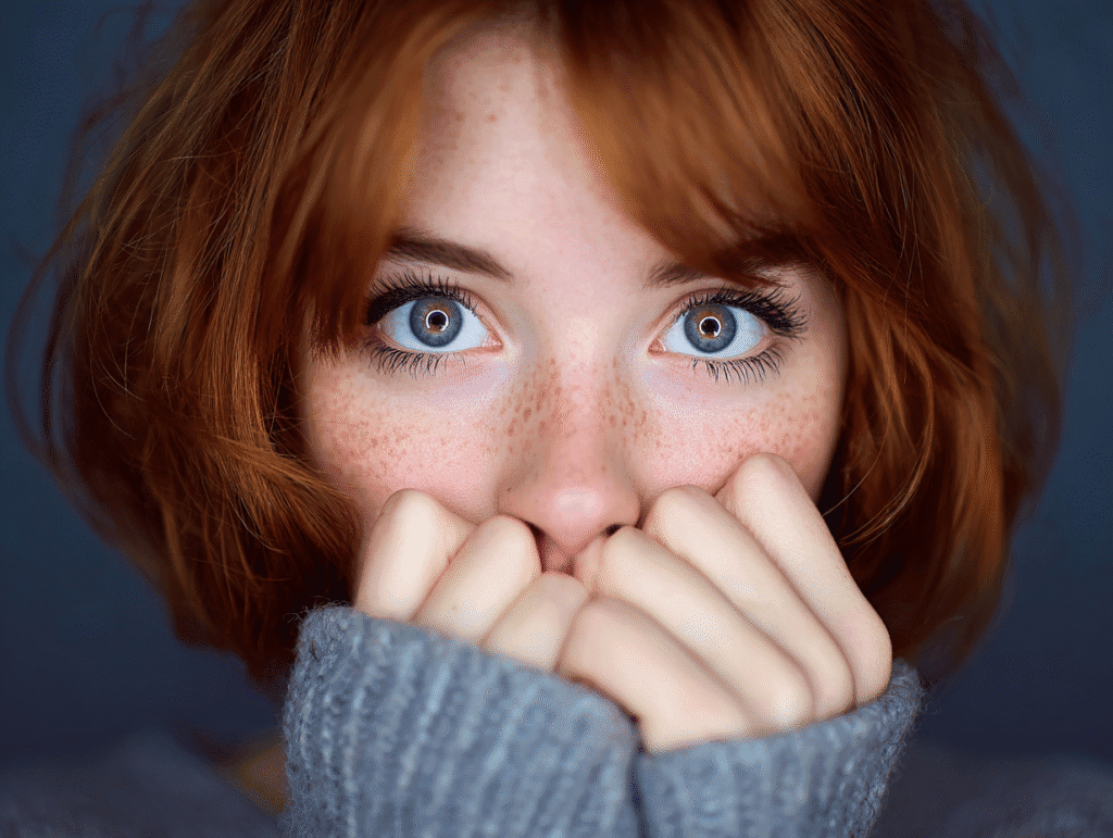 Close-up of a shy young woman with striking blue eyes, freckles, and red hair, looking directly into the camera with hands near her face — illustrating vulnerable yet powerful eye contact