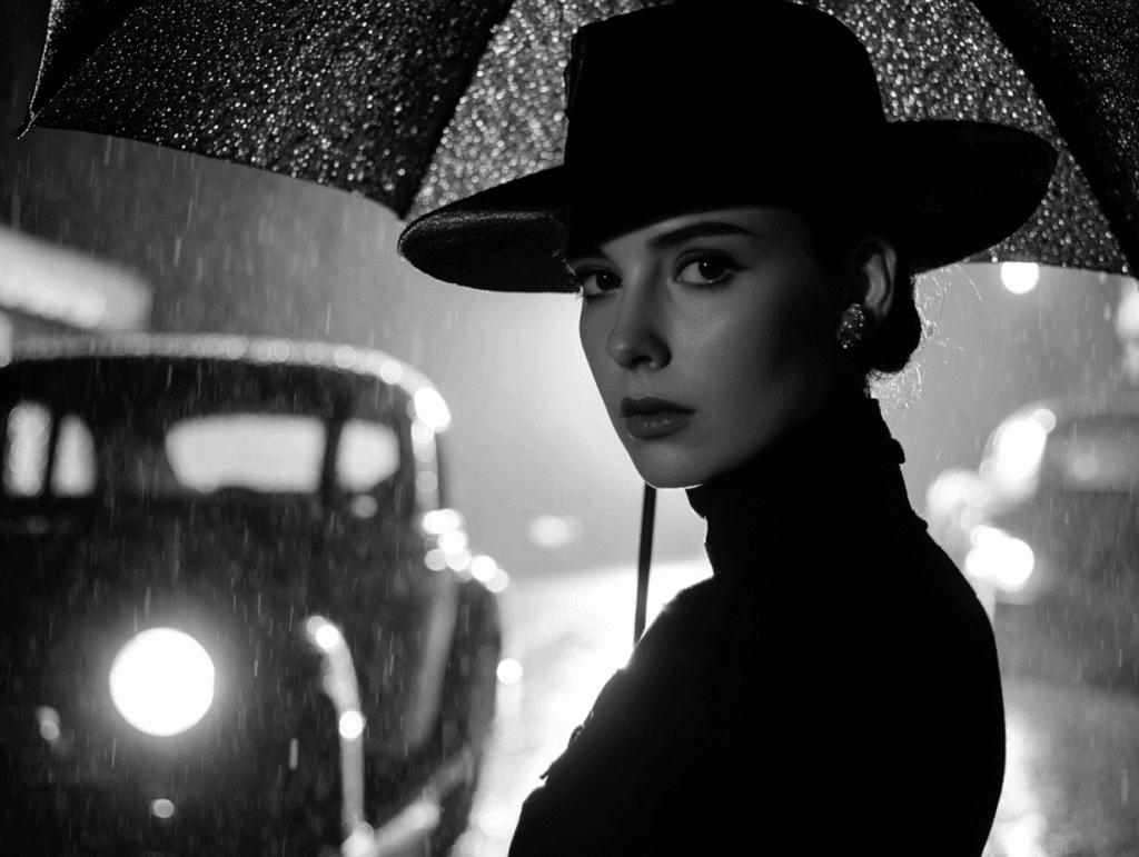 Film noir-style woman in shadow holding umbrella — radiating silent presence, mystery, and unspoken power
