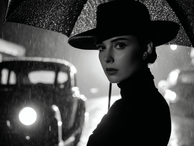 Film noir-style woman in shadow holding umbrella — radiating silent presence, mystery, and unspoken power