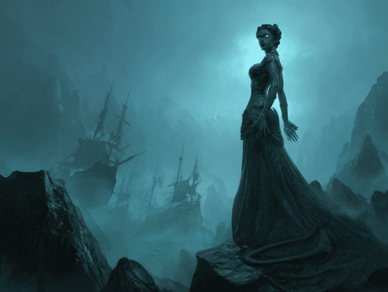 A haunting siren standing on ocean rocks in a foggy, mythic landscape, luring ships to their doom with her eerie presence and glowing eyes — symbolizing seductive danger and psychological allure