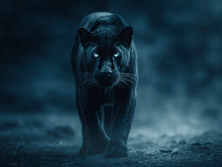 A powerful black panther walking forward in a dark, moody forest, symbolizing silent confidence, presence, and nonverbal dominance