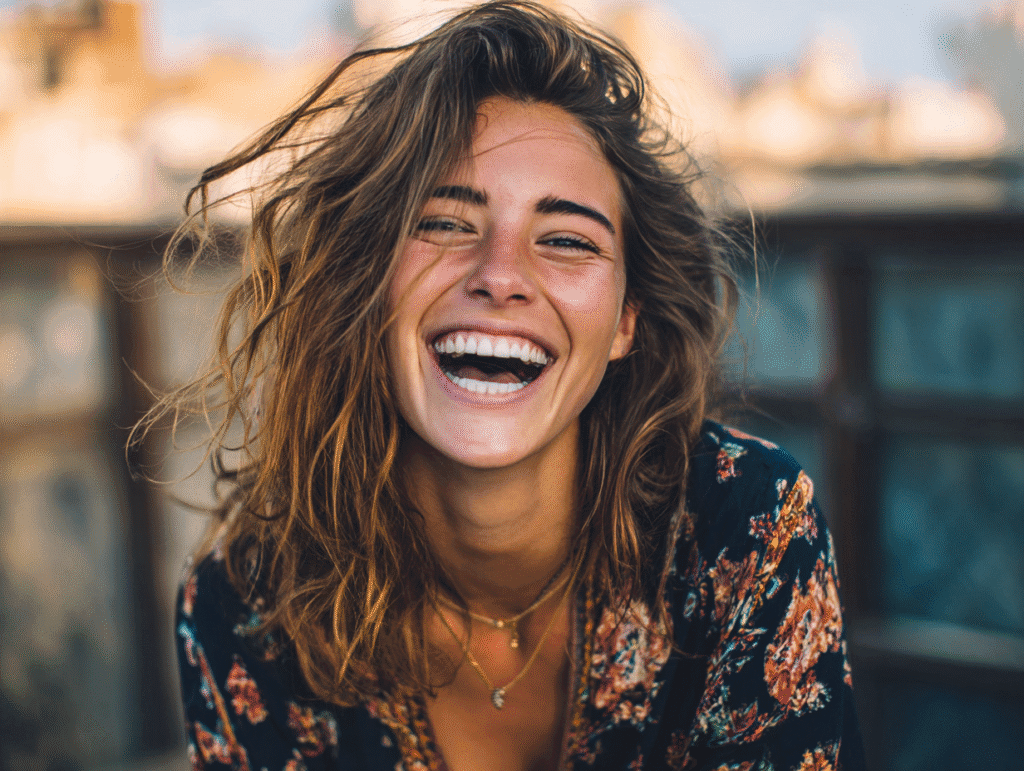 Beautiful woman laughing with full expression, emotional face capturing attention — symbolizes contrast between genuine joy and performative confidence, fake it till you make it concept
