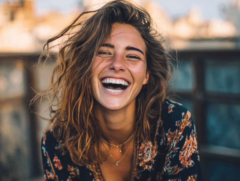 Beautiful woman laughing with full expression, emotional face capturing attention — symbolizes contrast between genuine joy and performative confidence, fake it till you make it concept