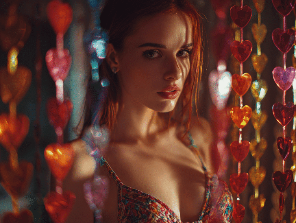 Beautiful woman surrounded by heart decorations, symbolizing emotional attraction, romance, and dating psychology