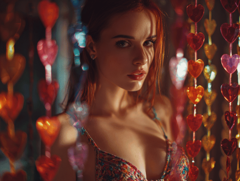 Beautiful woman surrounded by heart decorations, symbolizing emotional attraction, romance, and dating psychology