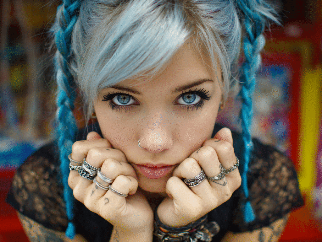 Close-up of a beautiful young woman with piercing blue eyes and braided hair, making intense eye contact — representing eye contact attraction and nonverbal seduction