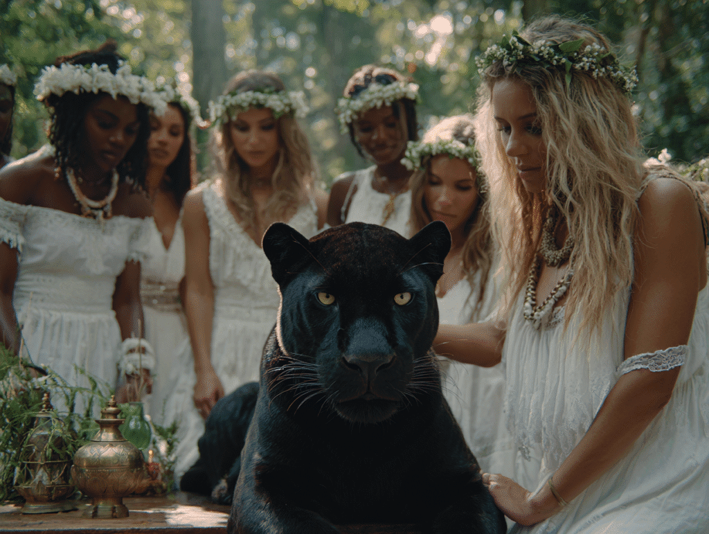 A black panther sits calmly while a group of beautiful women gather around it, symbolizing the magnetic stillness and power of restrained presence