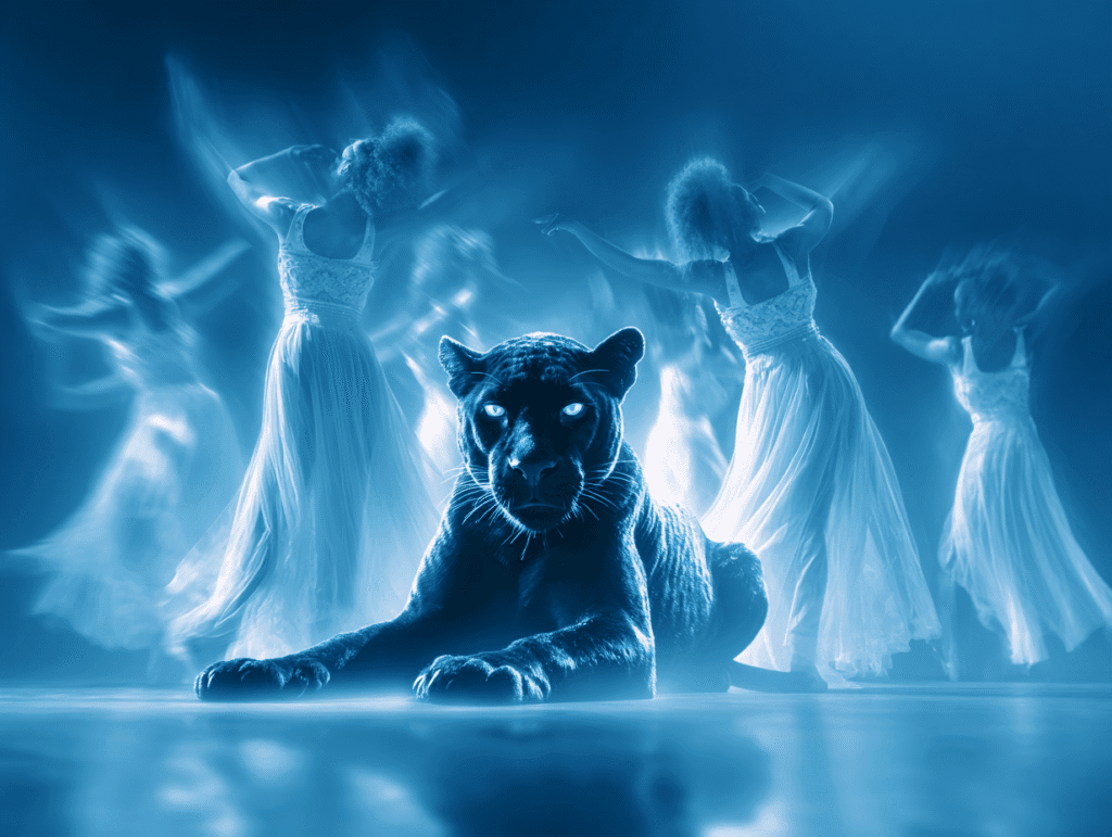 A black panther lies still while ethereal women dance around it, symbolizing the magnetic power of stillness and energetic control