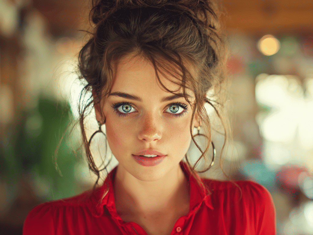 A beautiful young woman with intense blue eyes staring directly into the camera, her expression calm yet emotionally charged — capturing the concept of magnetic presence