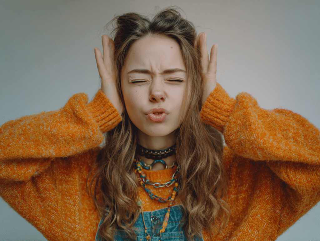 Beautiful alt woman covering her ears in frustration, symbolizing the curse of talking too much and the need for silence and presence
