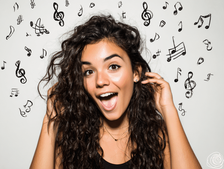 Excited alt woman surrounded by music notes, symbolizing rhythm and emotional release in tension and seduction