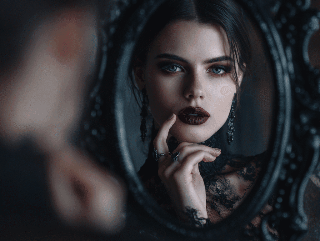 A seductive gothic woman gazing into a mirror — symbolic of self-reflection, identity, and the seductive power explored in The Art of Seduction by Robert Greene