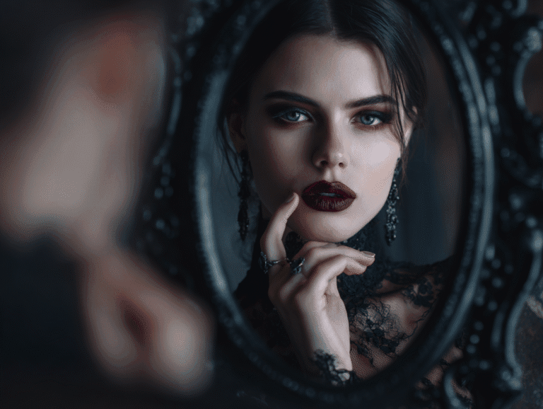 A seductive gothic woman gazing into a mirror — symbolic of self-reflection, identity, and the seductive power explored in The Art of Seduction by Robert Greene