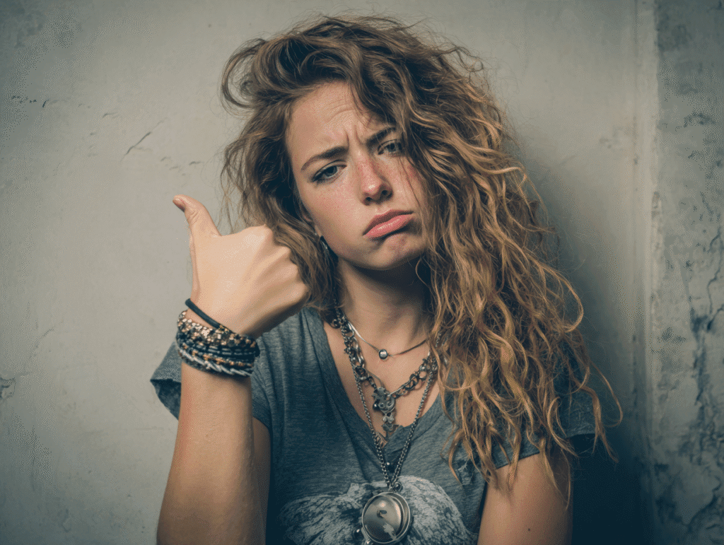 Beautiful alternative young woman with long curly hair making a sarcastic pity gesture, representing the cost of holding onto limiting beliefs in dating younger women