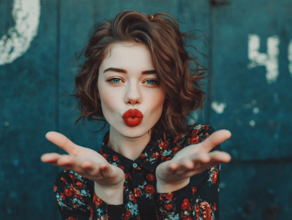 beautiful young alternative woman with red lipstick blowing a kiss in urban background – dating younger women attraction photography