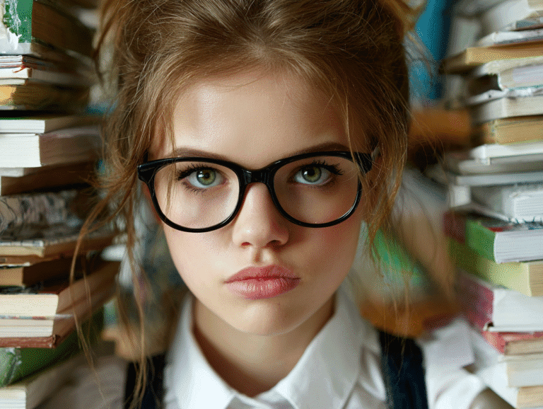 Confident young alternative woman with thick black glasses surrounded by stacks of books, symbolizing knowledge and mindset shift in dating younger women as an older man.