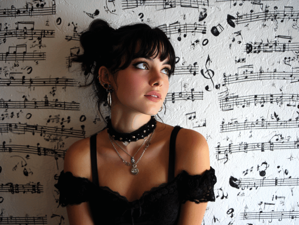 Cute alternative goth girl in black lace choker posing against a wall with musical notes — aesthetic portrait for seductive voice and music theme