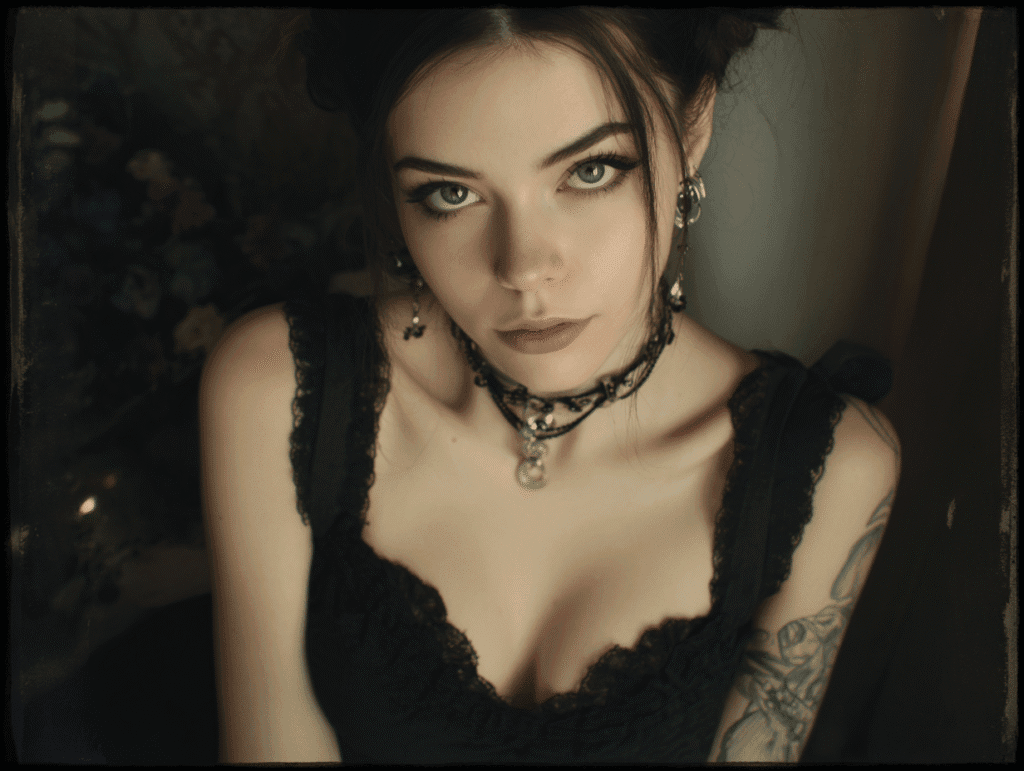 Dark artistic portrait of a gothic-style young woman with intense gaze, symbolizing how to build sexual tension without saying a word through presence and silence.