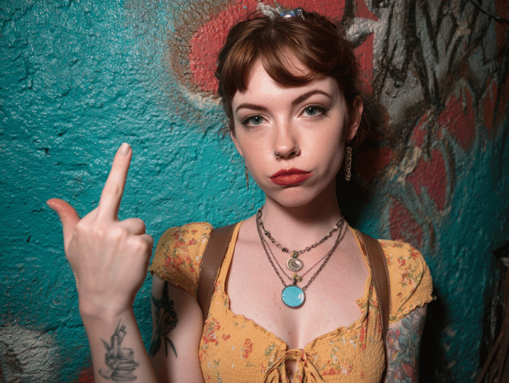 Alternative woman giving bratty non-compliant gesture — representing resistance and compliance testing in seduction