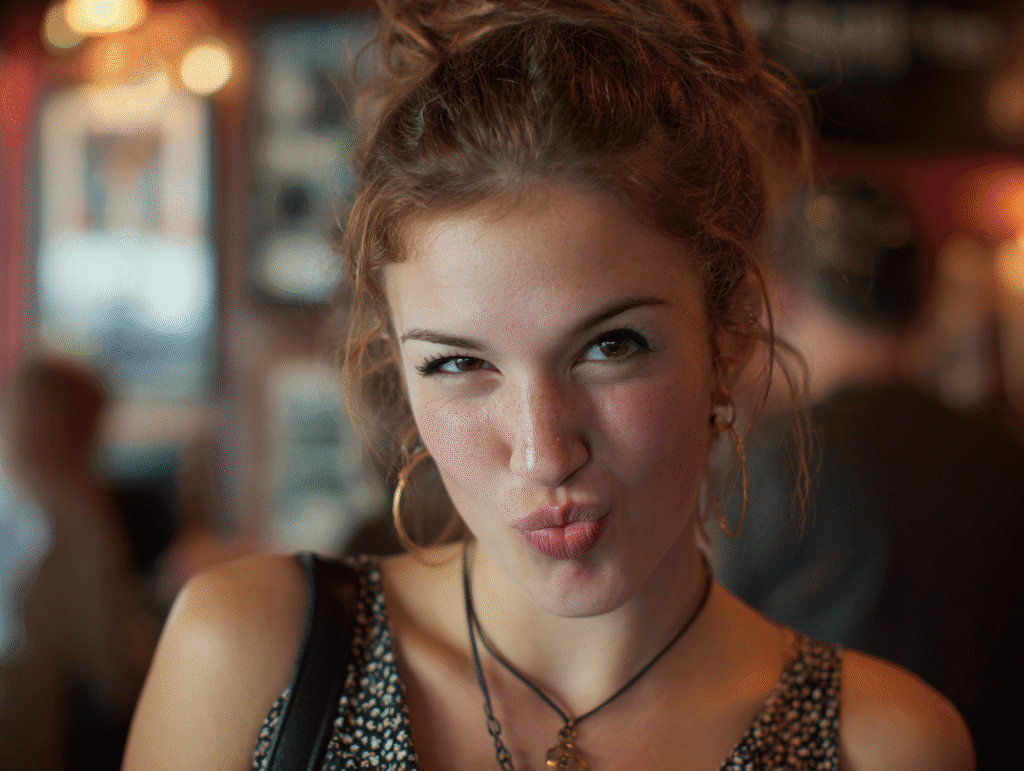 Playful young woman with light brown hair in a messy bun, wearing hoop earrings and a patterned top, giving a squint and pursed lips expression in a cafe