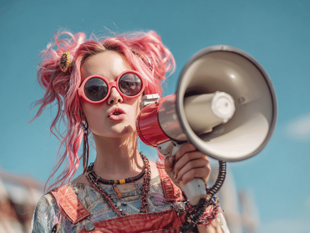 Alternative woman with megaphone symbolizing sexy voice training inspired by Roger Love techniques