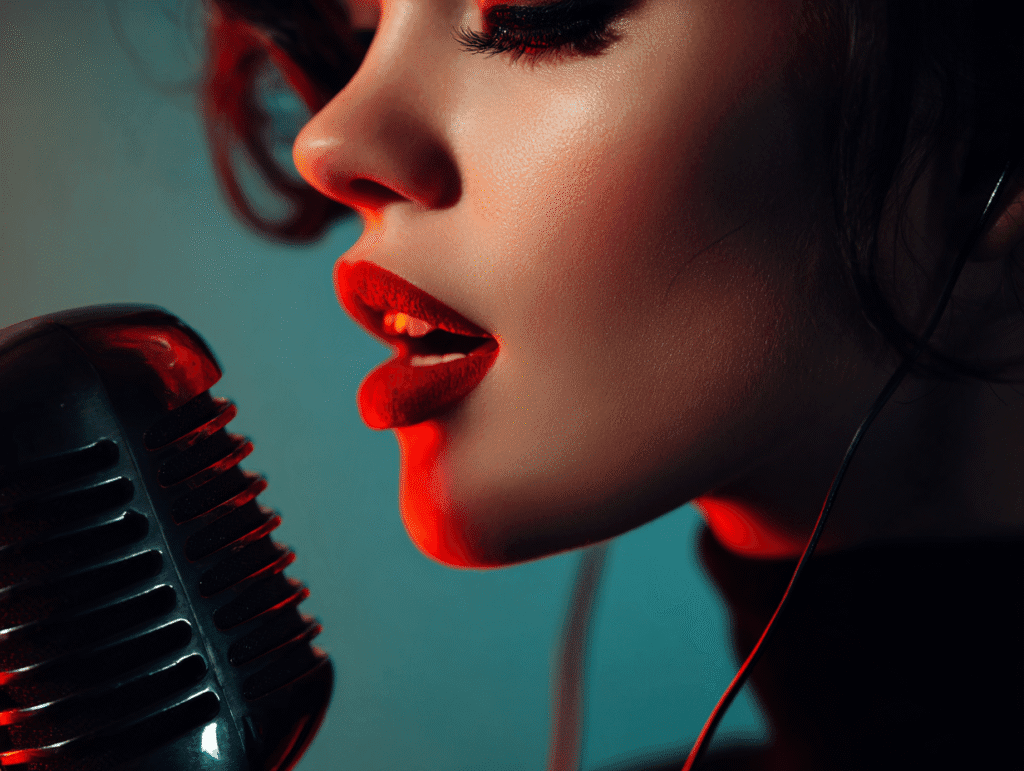 Beautiful woman with red lips singing into vintage microphone — sexy voice, rhythm, and seduction