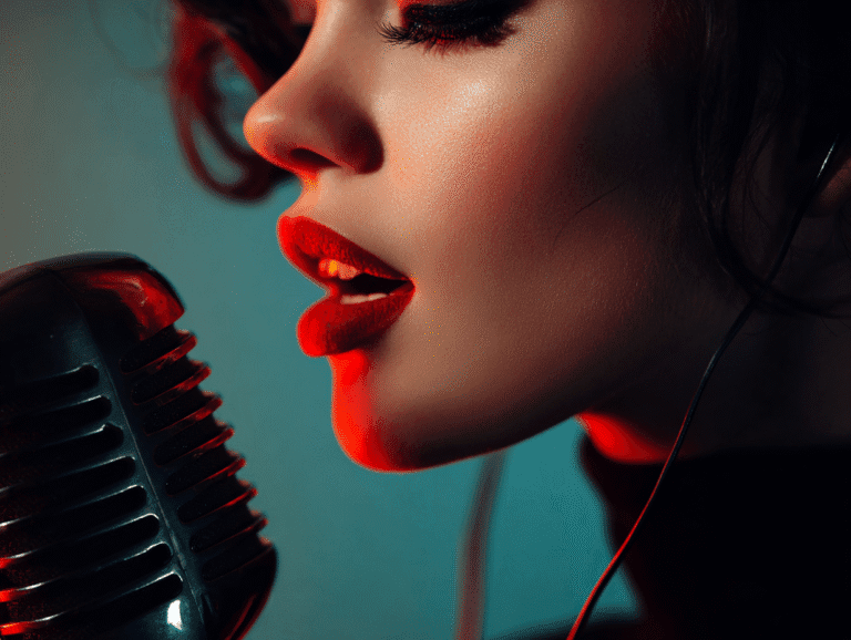 Beautiful woman with red lips singing into vintage microphone — sexy voice, rhythm, and seduction