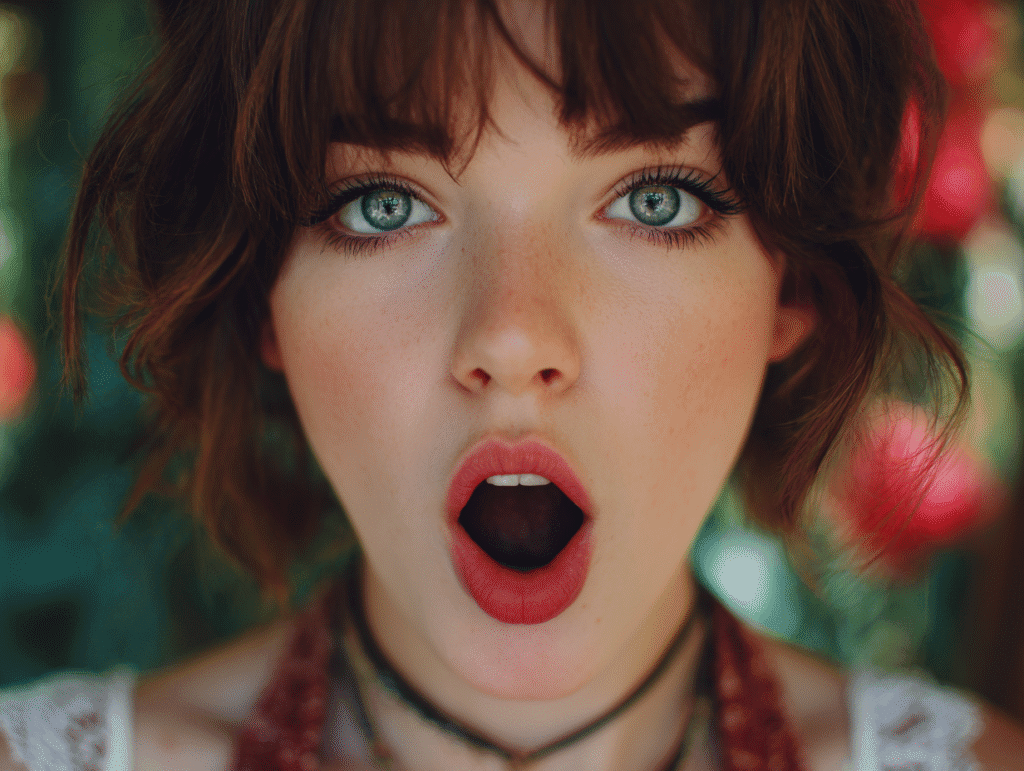 Beautiful alternative girl with open mouth practicing seductive voice and vocal training — close-up portrait for sexy voice techniques