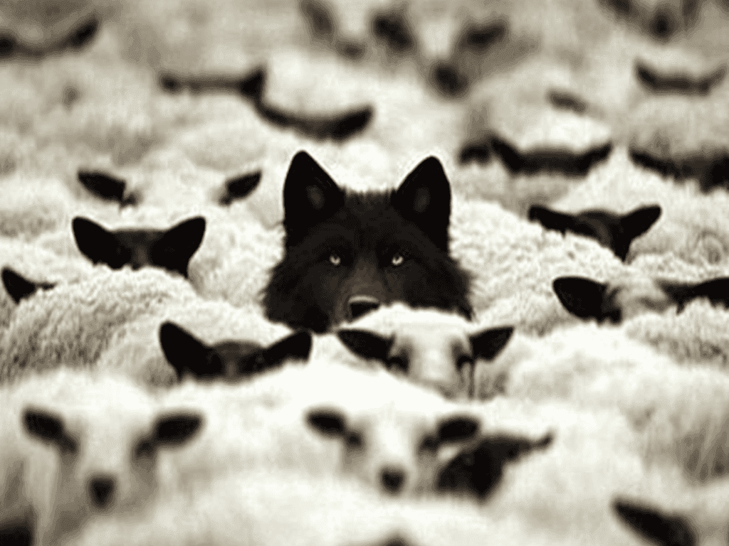 A black wolf hidden among white sheep – symbol of power, seduction, and outsider psychology