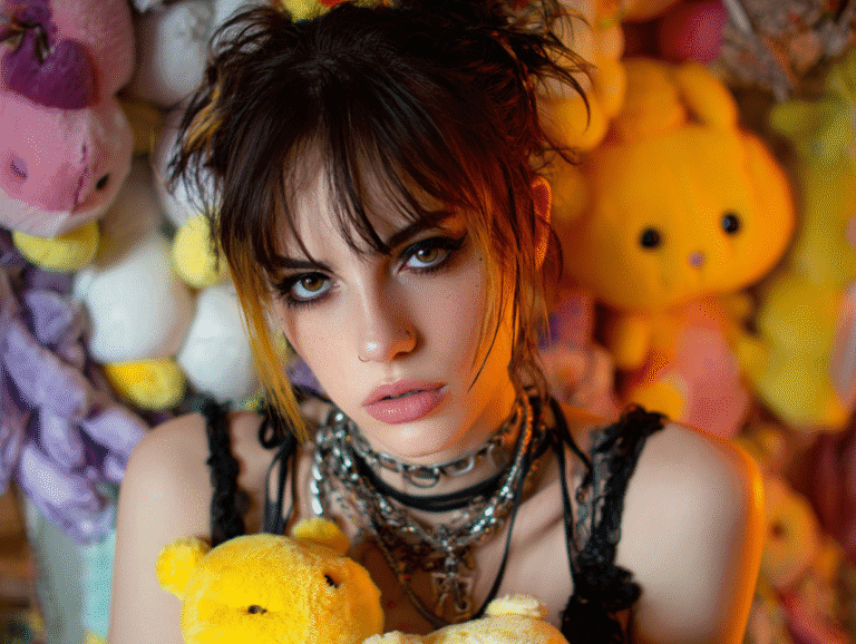 Edgy young woman with layered dark hair, smoky makeup, and choker necklace posing with plush toys, blending alternative style with playful innocence