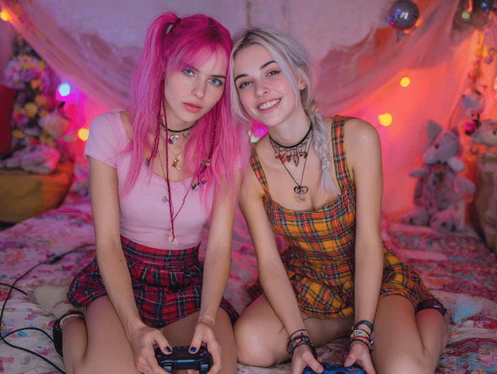 Two stylish young women playing video games together in a cozy, colorful bedroom with soft lighting and playful decor
