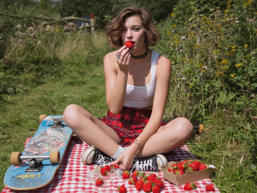 Young woman in plaid skirt eating strawberries during picnic with skateboard nearby, symbolizing youthful energy and lifestyle