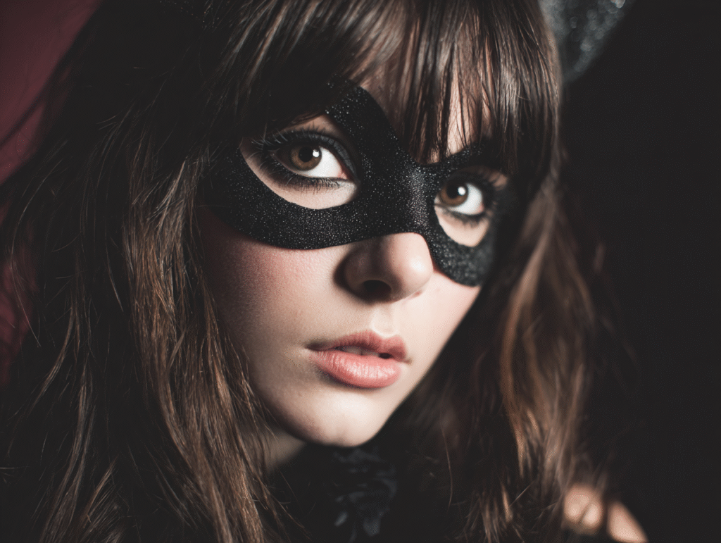 Close-up portrait of a mysterious young woman wearing a dark cat-style mask, symbolizing the Byronic hero archetype with allure and hidden flaws