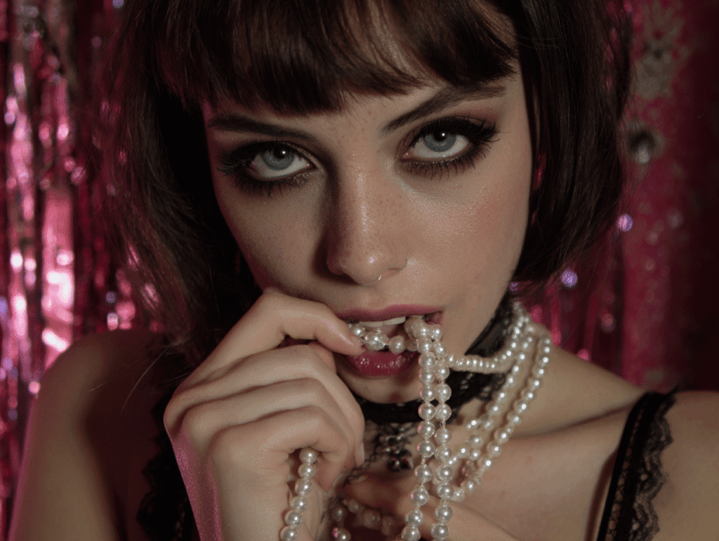 A gothic-inspired woman with dark eye makeup and piercing blue eyes biting a pearl necklace, symbolizing dark romanticism, desire, and dangerous beauty