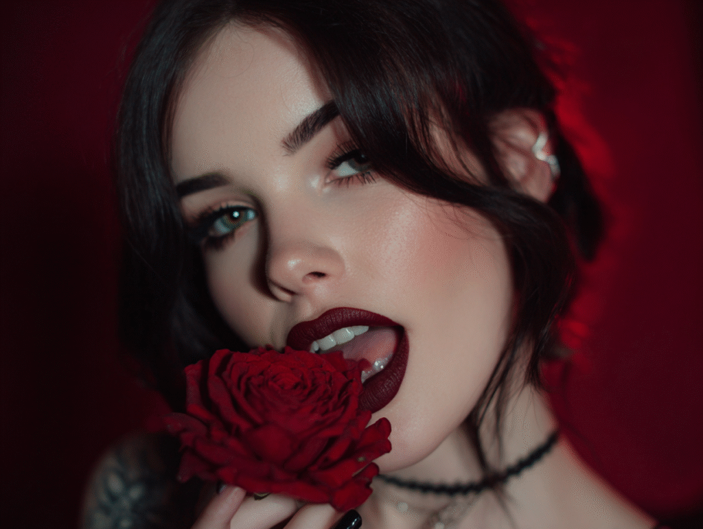 A darkly romantic woman with gothic makeup and red lipstick biting a red rose, symbolizing sensuality, danger, and the essence of romanticism