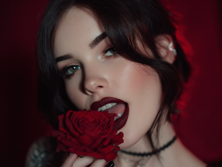 A darkly romantic woman with gothic makeup and red lipstick biting a red rose, symbolizing sensuality, danger, and the essence of romanticism