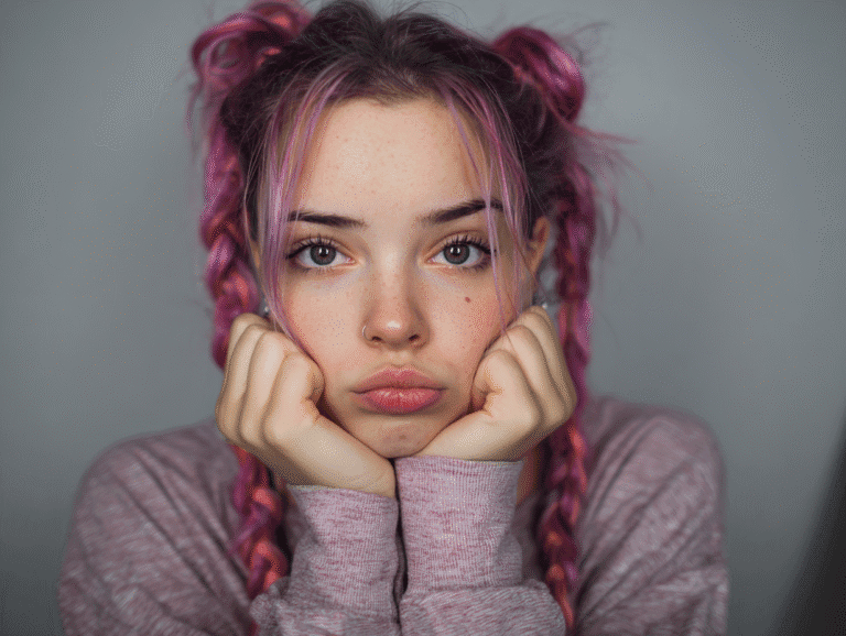 Young woman with pink braided hair making a sad pouting expression, relatable emotional gesture, close-up portrait