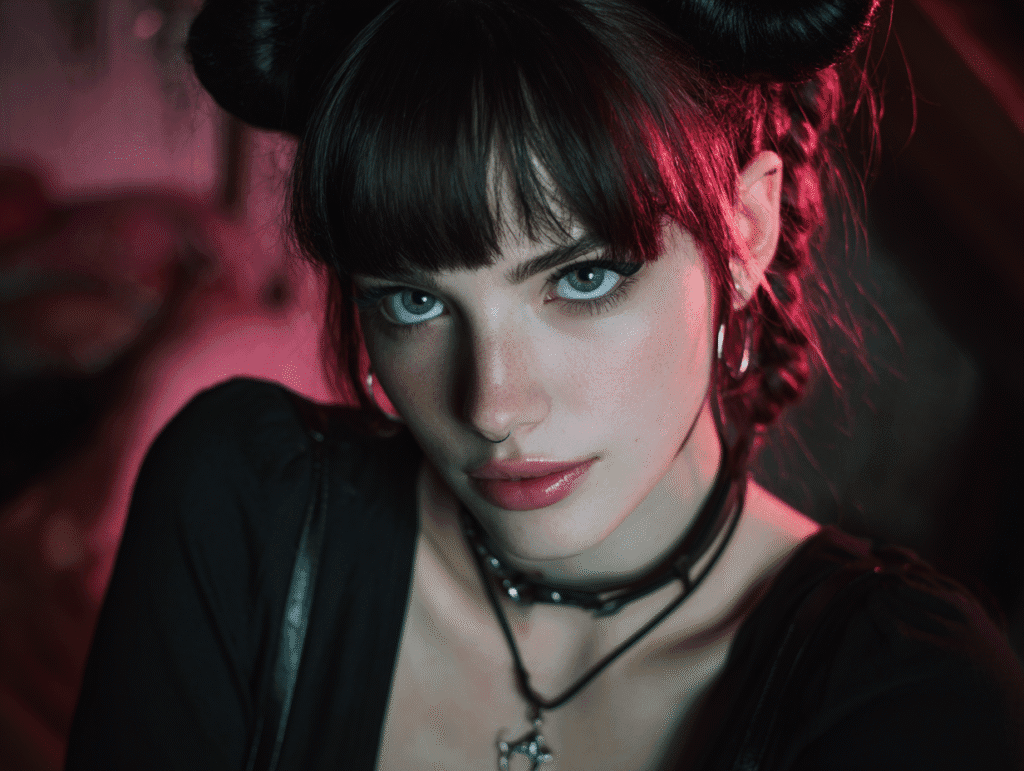 Dark artistic portrait of an alternative woman with piercing eyes and gothic style, symbolizing the allure, mystery, and seduction explored in the Sexual Tension Series.