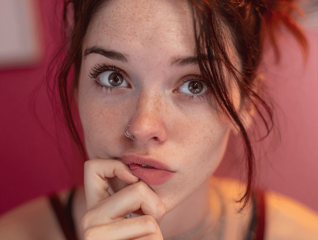 Close-up of a thoughtful young woman with nose ring, symbolizing intimate and provocative questions that spark desire in verbal seduction