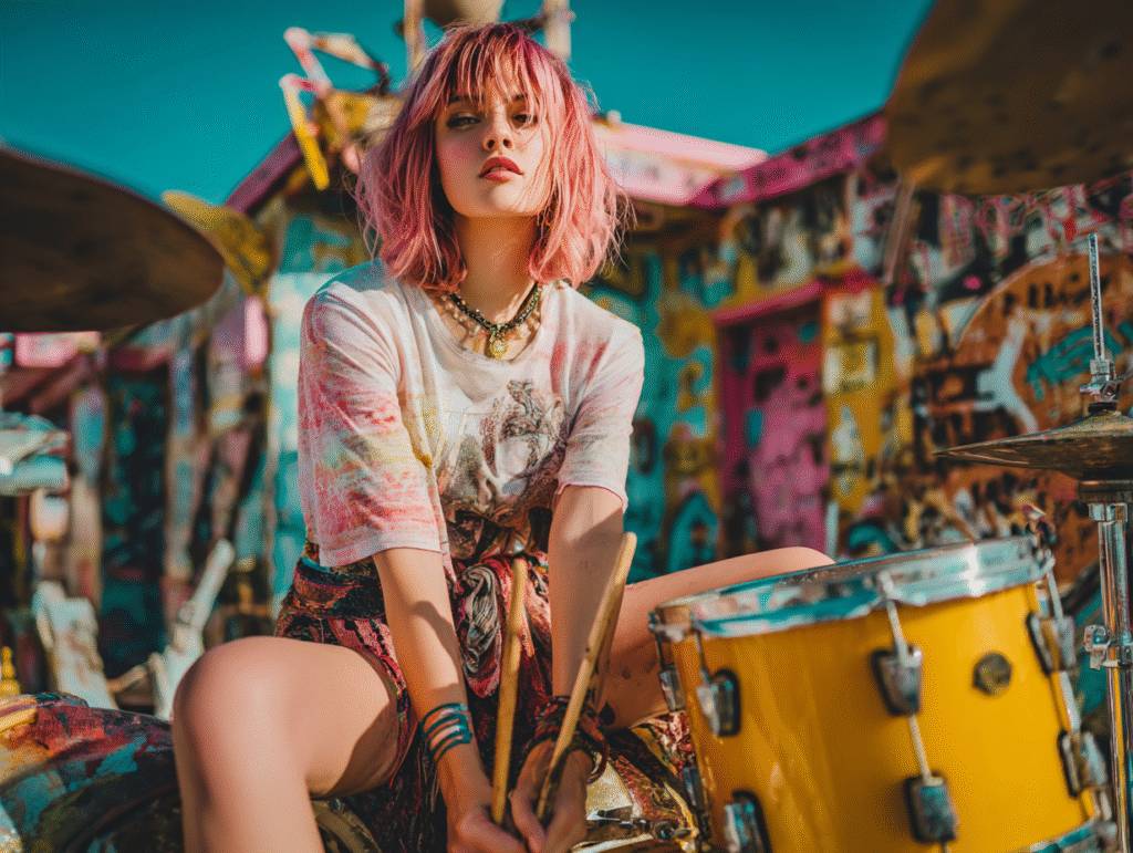 Alternative pink-haired woman playing drums in a colorful setting, symbolizing the rhythm of speech, pregnant pauses, and verbal silence in verbal seduction