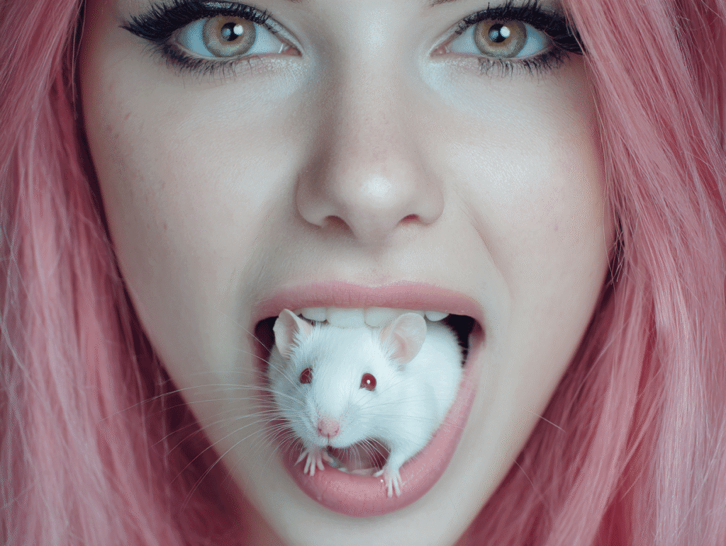 Artistic close-up of a pink-haired woman with a white mouse in her mouth, symbolizing verbal seduction, ambiguity, and sexual tension