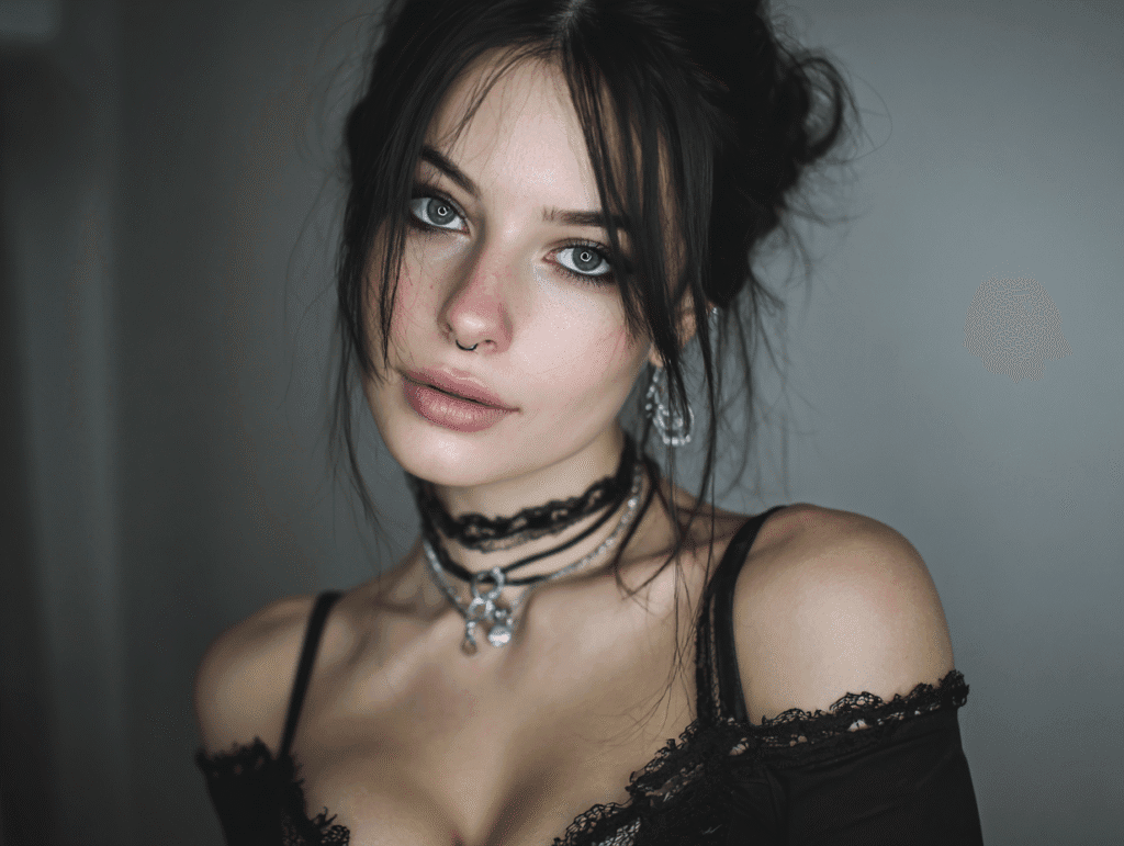 Portrait of a woman with dark hair and piercing eyes wearing black lace, representing the dark feminine gaze and the psychological depth explored in Erotic Intelligence