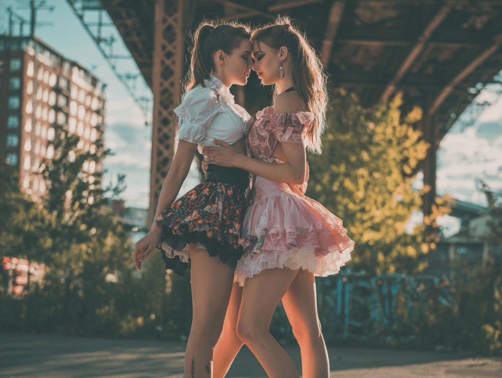 Two women standing close under warm sunlight, wearing vintage skirts, their bodies aligned in an intimate moment that symbolizes emotional connection and the energy of desire