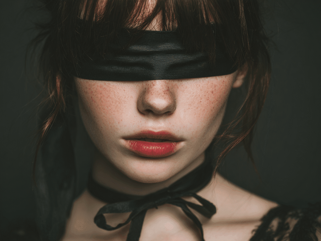 Close-up of a woman with a black blindfold and red lips, symbolizing sensory trust, surrender, and the psychology of desire explored in the Erotic Intelligence series