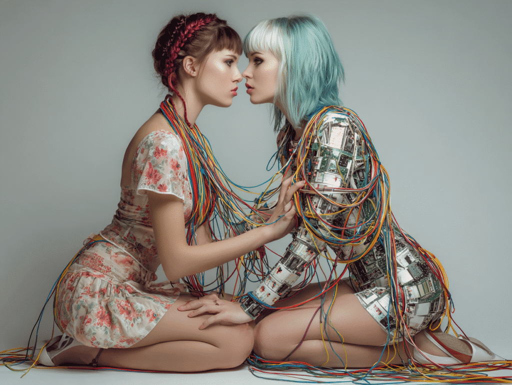 Two women symbolically connected by colorful wires, representing human connection, nervous system energy, and the fusion of emotion and technology in desire