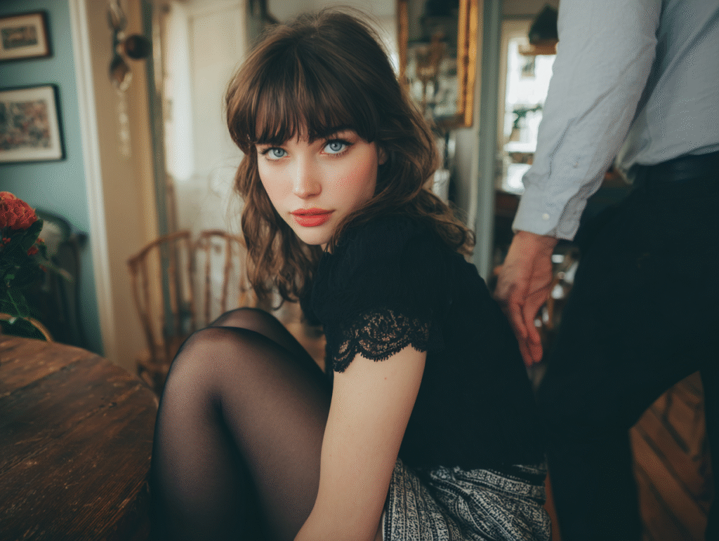 Young woman making intense eye contact while a man approaches from behind, capturing sexual tension through proximity and subtle body language