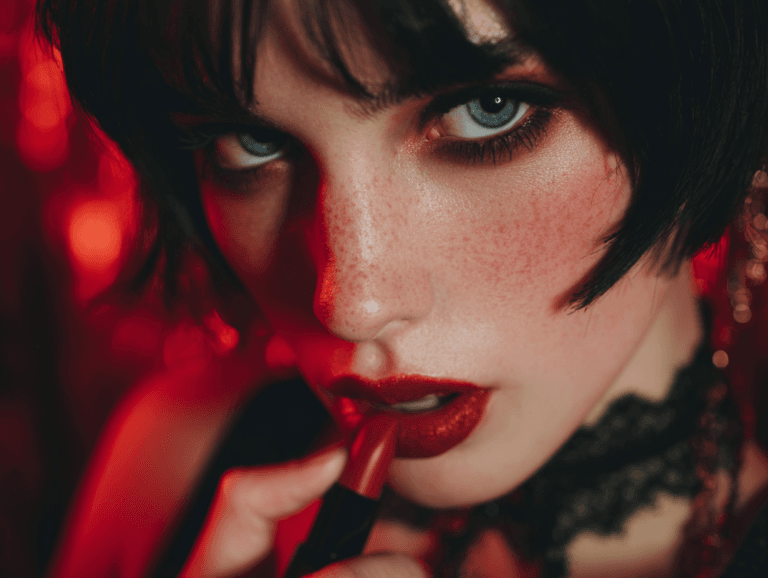 A darkly romantic woman with intense eye contact applying red lipstick, symbolizing desire, intention, and romanticism used as a seductive strategy